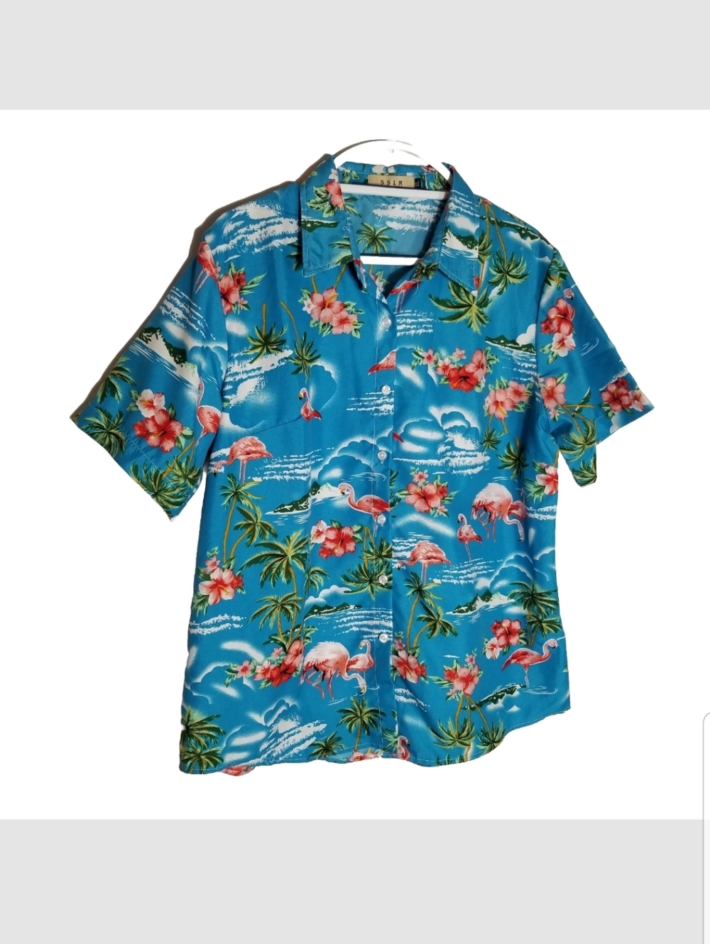 SSLR Women's Collection XL Hawaiian Shirt Flamingo Button Up Short Sleeve Blue